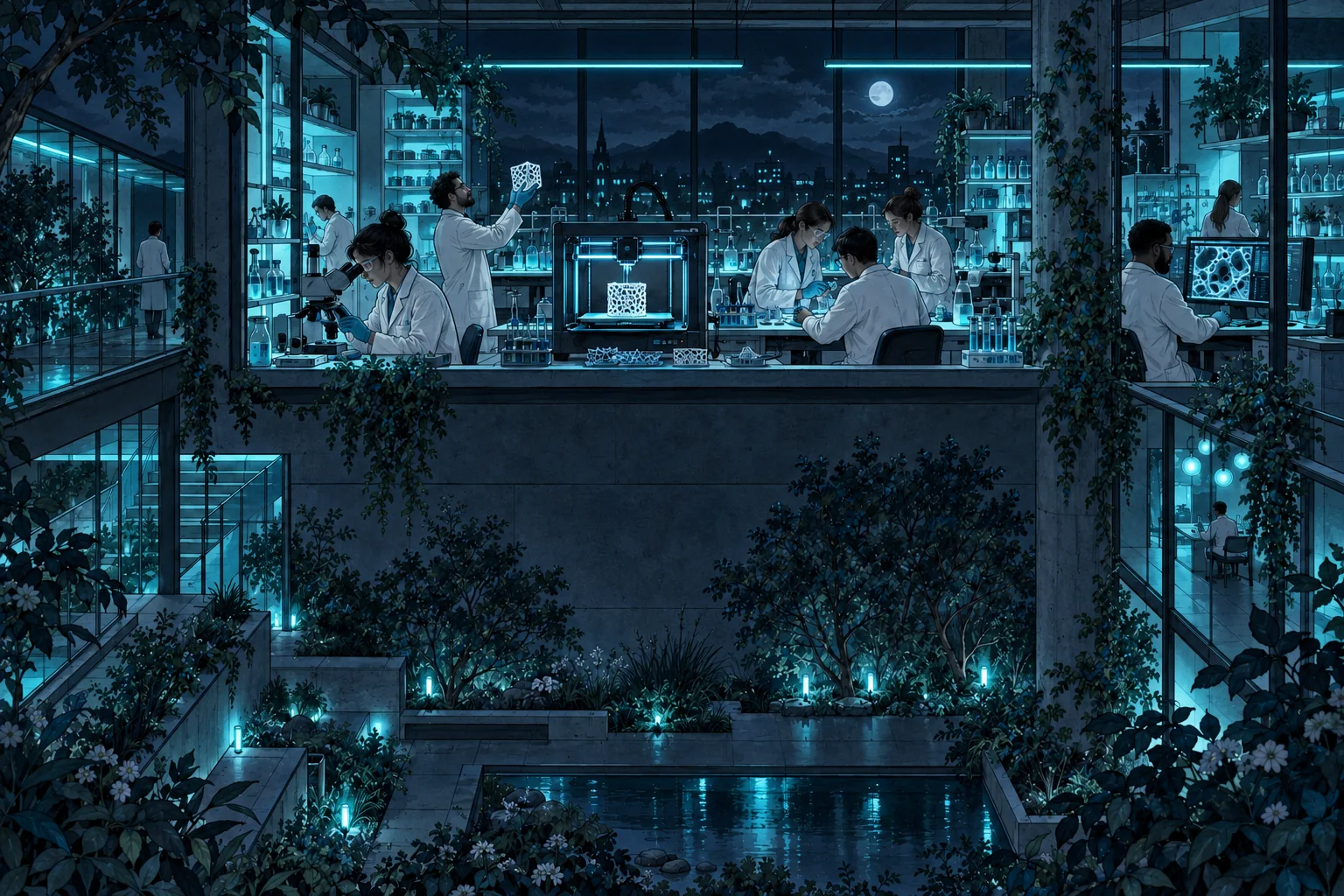 An illustrated biomaterials laboratory with researchers, a scaffold printer and a planted courtyard at night